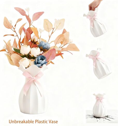Small Plastic Flower Vase, Ceramic-Look Decorative Vase for Dried & Artificial Flowers, Cute Unbreakable Vase for Home Living Room Dining Wedding Decor(White) in Kuwait