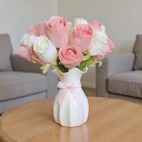 Small Plastic Flower Vase, Ceramic-Look Decorative Vase for Dried & Artificial Flowers, Cute Unbreakable Vase for Home Living Room Dining Wedding Decor(White) in Kuwait