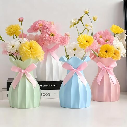 Small Plastic Flower Vase, Ceramic-Look Decorative Vase for Dried & Artificial Flowers, Cute Unbreakable Vase for Home Living Room Dining Wedding Decor(White) in Kuwait