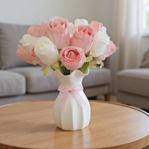 Small Plastic Flower Vase, Ceramic-Look Decorative Vase for Dried & Artificial Flowers, Cute Unbreakable Vase for Home Living Room Dining Wedding Decor(White) in Kuwait
