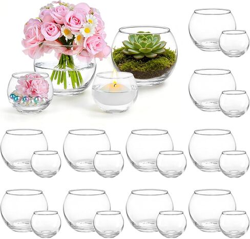 24 Pack Glass Small Bubble Vases, 4" W x3''H Clear Bowl Vases 12 Pcs, 2.6" W x2''H Round Candle Holders 12 Pcs, Mini Globe Vase Centerpiece for Wedding Party Home Decor in Saudi Arabia