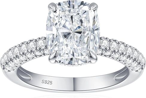 4CT Elongated Cushion Cut Moissanite Engagement Ring for Women, D Color VVS1 Solitaire Ring, 925 Sterling Silver with White/14K Gold Plated Triple Row Pavé Band, Wedding Promise Ring, Anniversary Valentines Gift in Saudi Arabia