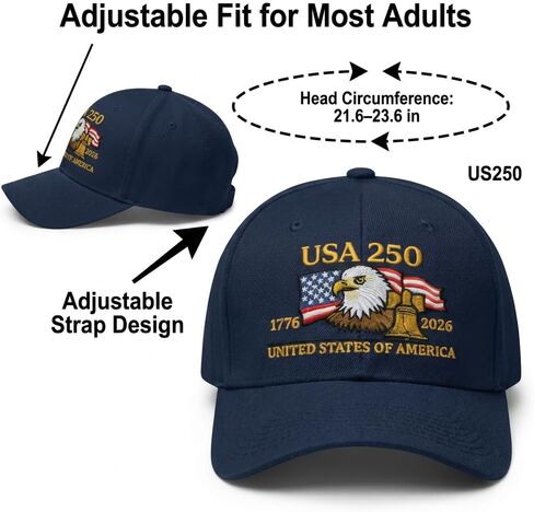 250 Anniversary USA Hat Embroidered 250th Commemorative Baseball Cap, Patriotic American Design with Eagle Liberty Adjustable Casual Fit for Men United States Celebration Gift Blue in Saudi Arabia