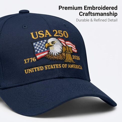 250 Anniversary USA Hat Embroidered 250th Commemorative Baseball Cap, Patriotic American Design with Eagle Liberty Adjustable Casual Fit for Men United States Celebration Gift Blue in Saudi Arabia