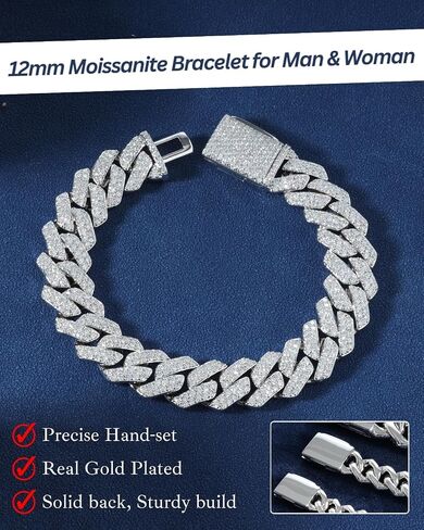 LuxeFlex Moissanite Prong Cuban Link Bracelet/Necklace for Men Women, VVS D Color Moissanite, 5 Times Rhodium Plated, White Gold Iced Out Hip Hop Jewelry with Box Clasp (10mm/12mm/14mm/20mm) in Saudi Arabia