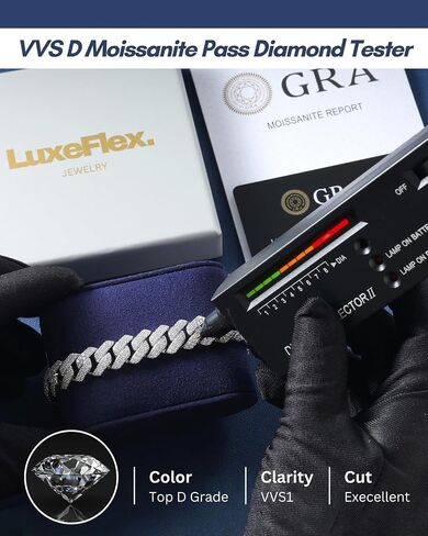 LuxeFlex Moissanite Prong Cuban Link Bracelet/Necklace for Men Women, VVS D Color Moissanite, 5 Times Rhodium Plated, White Gold Iced Out Hip Hop Jewelry with Box Clasp (10mm/12mm/14mm/20mm) in Saudi Arabia