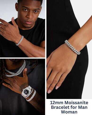 LuxeFlex Moissanite Prong Cuban Link Bracelet/Necklace for Men Women, VVS D Color Moissanite, 5 Times Rhodium Plated, White Gold Iced Out Hip Hop Jewelry with Box Clasp (10mm/12mm/14mm/20mm) in Saudi Arabia