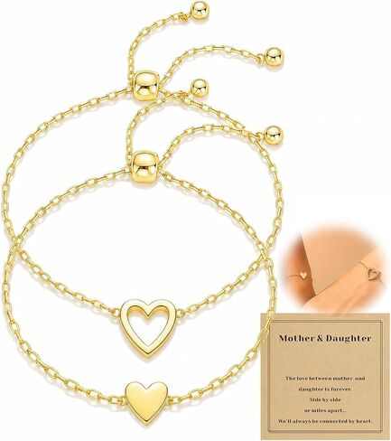 Mother Daughter Bracelets, 14K Gold Plated Stainless Steel Matching Heart Bracelet for Mothers Day Birthday Friend Gifts, Mommy and Me Bracelets Jewelry for Women, Adjustable Friendship Bracelet in Saudi Arabia