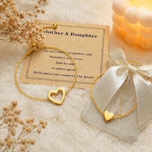 Mother Daughter Bracelets, 14K Gold Plated Stainless Steel Matching Heart Bracelet for Mothers Day Birthday Friend Gifts, Mommy and Me Bracelets Jewelry for Women, Adjustable Friendship Bracelet in Saudi Arabia