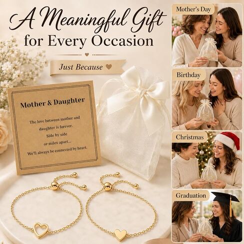 Mother Daughter Bracelets, 14K Gold Plated Stainless Steel Matching Heart Bracelet for Mothers Day Birthday Friend Gifts, Mommy and Me Bracelets Jewelry for Women, Adjustable Friendship Bracelet in Saudi Arabia