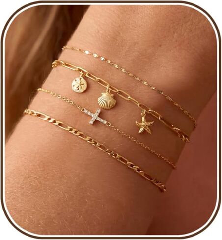 Gold Bracelets for Women Waterproof,Non Tarnish 14K Gold Plated Cross Bracelet Stack Set Dainty Beach Starfish Bracelets Stack for Women Trendy Cross Chain Cute Charm Pearl Bracelet Set Summer Jewelry in Saudi Arabia