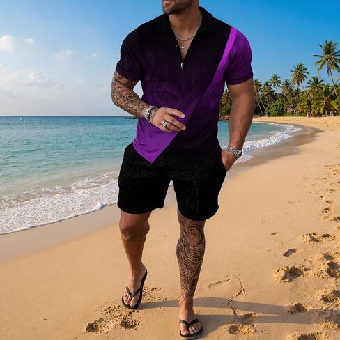 Men's Track Suit 2 Piece Striped Trim Short Sleeve Polo & Shorts Set in Kuwait