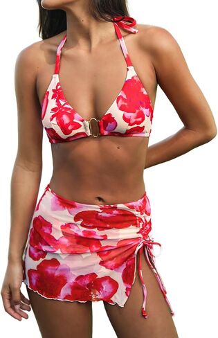 CUPSHE Women's Bikini Sets Three Piece Swimsuit V Neck Halter Triangle Top Hook Cheeky Mesh Sarong Skirt in Kuwait