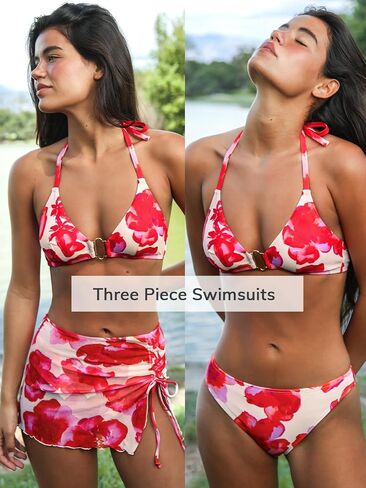 CUPSHE Women's Bikini Sets Three Piece Swimsuit V Neck Halter Triangle Top Hook Cheeky Mesh Sarong Skirt in Kuwait