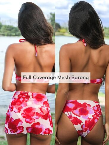 CUPSHE Women's Bikini Sets Three Piece Swimsuit V Neck Halter Triangle Top Hook Cheeky Mesh Sarong Skirt in Kuwait