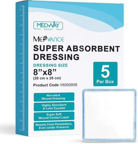 MedVance Super Absorbent Dressing, Dressing Pads for Wound Care, for Pressure Ulcers and 1st/2nd Degree Burns, Superior Moisture Absorbency Bandages, Box of 5 dressings (8"x8") in Kuwait