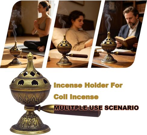 Handheld Incense Burner, 360° Rotating Handle with Incense Coils | Chinese Bronze Style,For Incense Coils, Yoga Meditation, Home Office Desk Decor in Saudi Arabia