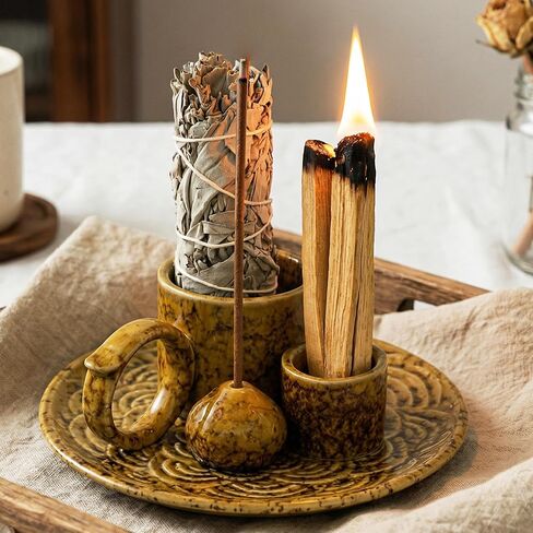 4 in 1 Incense Burner Holder for Sticks, Palo Santo Sticks Holder, Candle and Sage Holder for Burning Ceramic Ash Catcher Tray for Meditation Yoga Room Home Decor-White in Saudi Arabia