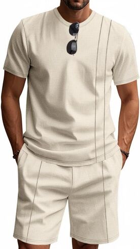 Men's Summer Casual 2 Piece Outfit Crew Neck T-Shirt Drawstring Shorts Vacation Workout Set Tracksuits in Saudi Arabia