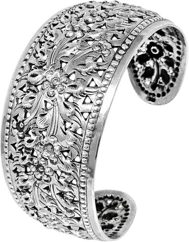 Women's Silver 32mm Wide Cuff Bangle Bracelet - Handmade Chunky Statement 925 Sterling Silver Floral Bangle for Women in Kuwait