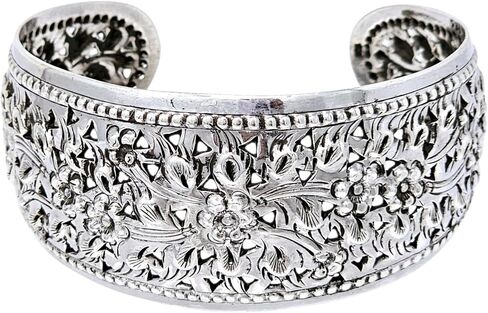 Women's Silver 32mm Wide Cuff Bangle Bracelet - Handmade Chunky Statement 925 Sterling Silver Floral Bangle for Women in Kuwait