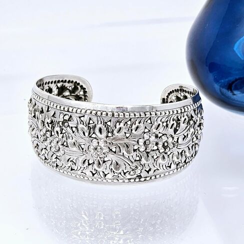 Women's Silver 32mm Wide Cuff Bangle Bracelet - Handmade Chunky Statement 925 Sterling Silver Floral Bangle for Women in Kuwait