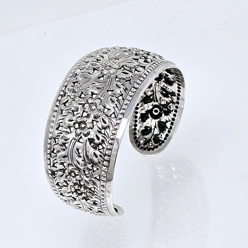Women's Silver 32mm Wide Cuff Bangle Bracelet - Handmade Chunky Statement 925 Sterling Silver Floral Bangle for Women in Kuwait