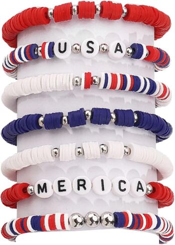 Dreuyet USA Love 4th of July Bracelet Handmade American Flag Patriotic Multilayer Bangle Stackable Red White Blue Clay Independence Day Memorial Accessories Gifts in Kuwait