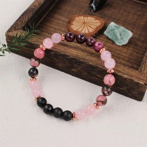 Anxiety Relief Beaded Crystal Bracelet for Women Natural Gemstone Beaded Jewelry, Mothers Days Gifts, Christmas, Birthday gift, Onyx, Rose Quartz, Carnelian & Rhodonite in Saudi Arabia