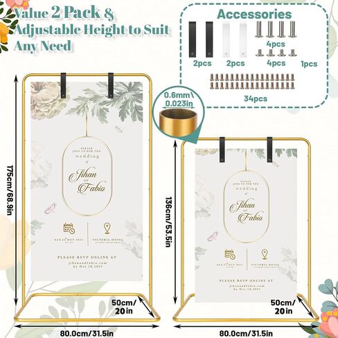 VZZNN 2 Pack Wedding Welcome Sign Stand, 68"x31"x20" Adjustable Gold Easel Holder with 4 Leather Straps, Heavy Duty Metal Floor Easels for Wedding Signs, Seating Charts, Baby Shower, Party Decor in Kuwait