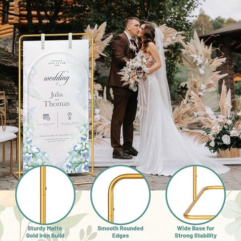 VZZNN 2 Pack Wedding Welcome Sign Stand, 68"x31"x20" Adjustable Gold Easel Holder with 4 Leather Straps, Heavy Duty Metal Floor Easels for Wedding Signs, Seating Charts, Baby Shower, Party Decor in Kuwait