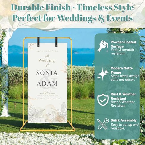 VZZNN 2 Pack Wedding Welcome Sign Stand, 68"x31"x20" Adjustable Gold Easel Holder with 4 Leather Straps, Heavy Duty Metal Floor Easels for Wedding Signs, Seating Charts, Baby Shower, Party Decor in Kuwait