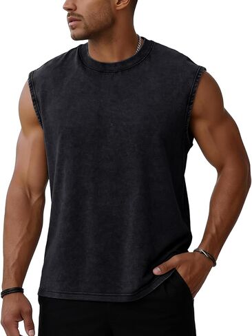 Flygo Men's Sleeveless Workout Tank Tops Acid Wash Cotton Muscle Shirts Loose Fit Gym Tees Running Beach Loose Tees in Kuwait