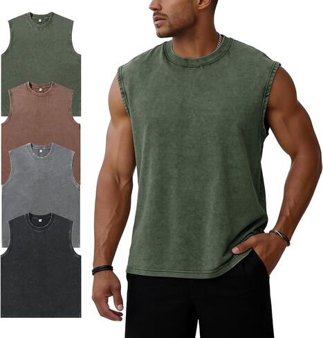 Flygo Men's Sleeveless Workout Tank Tops Acid Wash Cotton Muscle Shirts Loose Fit Gym Tees Running Beach Loose Tees in Kuwait