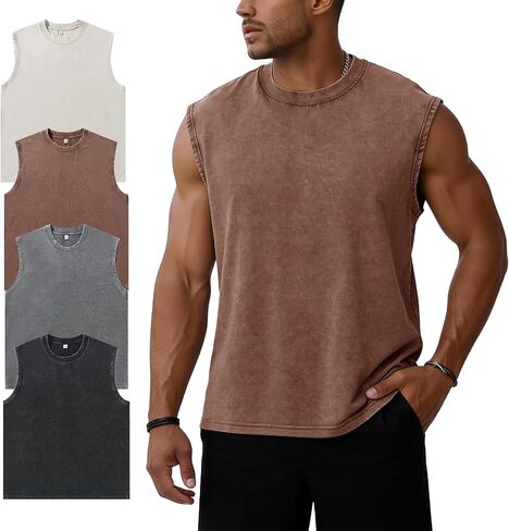 Flygo Men's Sleeveless Workout Tank Tops Acid Wash Cotton Muscle Shirts Loose Fit Gym Tees Running Beach Loose Tees in Kuwait
