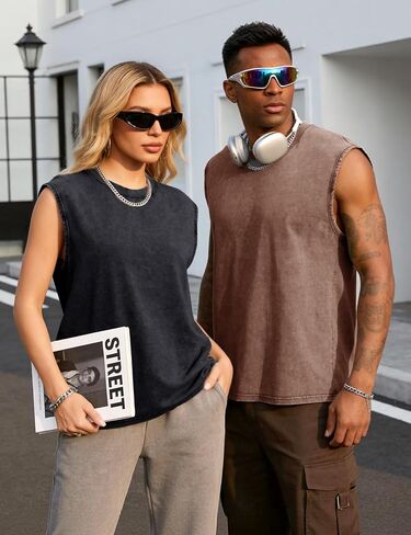Flygo Men's Sleeveless Workout Tank Tops Acid Wash Cotton Muscle Shirts Loose Fit Gym Tees Running Beach Loose Tees in Kuwait