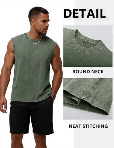Flygo Men's Sleeveless Workout Tank Tops Acid Wash Cotton Muscle Shirts Loose Fit Gym Tees Running Beach Loose Tees in Kuwait