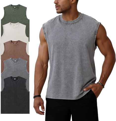 Flygo Men's Sleeveless Workout Tank Tops Acid Wash Cotton Muscle Shirts Loose Fit Gym Tees Running Beach Loose Tees in Kuwait