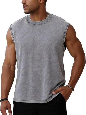 Flygo Men's Sleeveless Workout Tank Tops Acid Wash Cotton Muscle Shirts Loose Fit Gym Tees Running Beach Loose Tees in Kuwait
