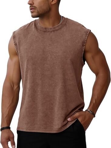 Flygo Men's Sleeveless Workout Tank Tops Acid Wash Cotton Muscle Shirts Loose Fit Gym Tees Running Beach Loose Tees in Kuwait