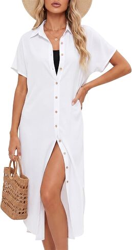 Unittype Womens Swimsuit Cover up Short Sleeve Button Down Beach Shirt Dress Side Split Long Kimono Cardigan Bathing Coverups in Kuwait