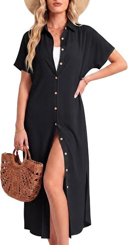 Unittype Womens Swimsuit Cover up Short Sleeve Button Down Beach Shirt Dress Side Split Long Kimono Cardigan Bathing Coverups in Kuwait