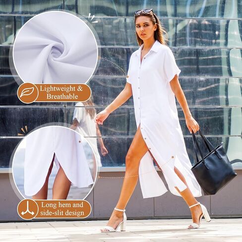 Unittype Womens Swimsuit Cover up Short Sleeve Button Down Beach Shirt Dress Side Split Long Kimono Cardigan Bathing Coverups in Kuwait