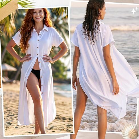 Unittype Womens Swimsuit Cover up Short Sleeve Button Down Beach Shirt Dress Side Split Long Kimono Cardigan Bathing Coverups in Kuwait
