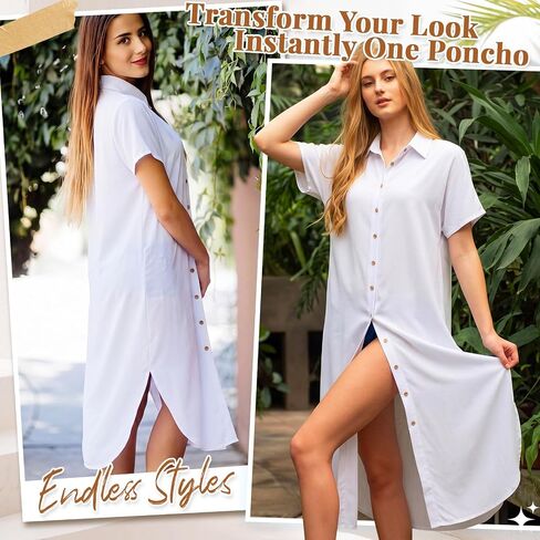 Unittype Womens Swimsuit Cover up Short Sleeve Button Down Beach Shirt Dress Side Split Long Kimono Cardigan Bathing Coverups in Kuwait