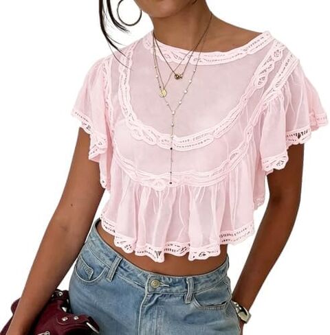 Women Sheer Poncho Top Boho Lace Mesh Cover Up Summer Ruffle Sleeve Babydoll Shirts in Saudi Arabia