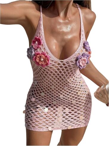 RoseSeek Women's 3D Floral Crochet Mini Dress Hollow Out Cami Dress Bikini Cover-up Dresses Beachwear in Kuwait