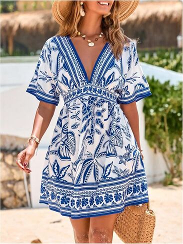 Floerns Women's Swim Dress Boho Beach Cover Up Short Sleeve V Neck Swimwear Vacation Outfits in Kuwait