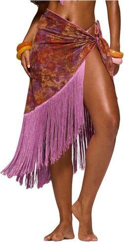 SHENHE Women's Boho Floral Fringe Sarong Wrap Sheer Chiffon Long Tassels Beach Cover Up Skirt in Kuwait