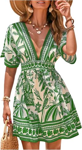 Floerns Women's Swim Dress Boho Beach Cover Up Short Sleeve V Neck Swimwear Vacation Outfits in Kuwait